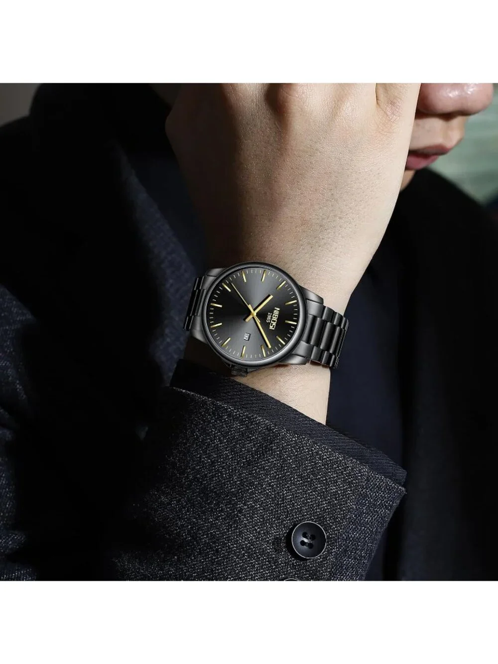 Men's Black Gold Stainless Steel Quartz Waterproof Day Date Casual Wrist Watch